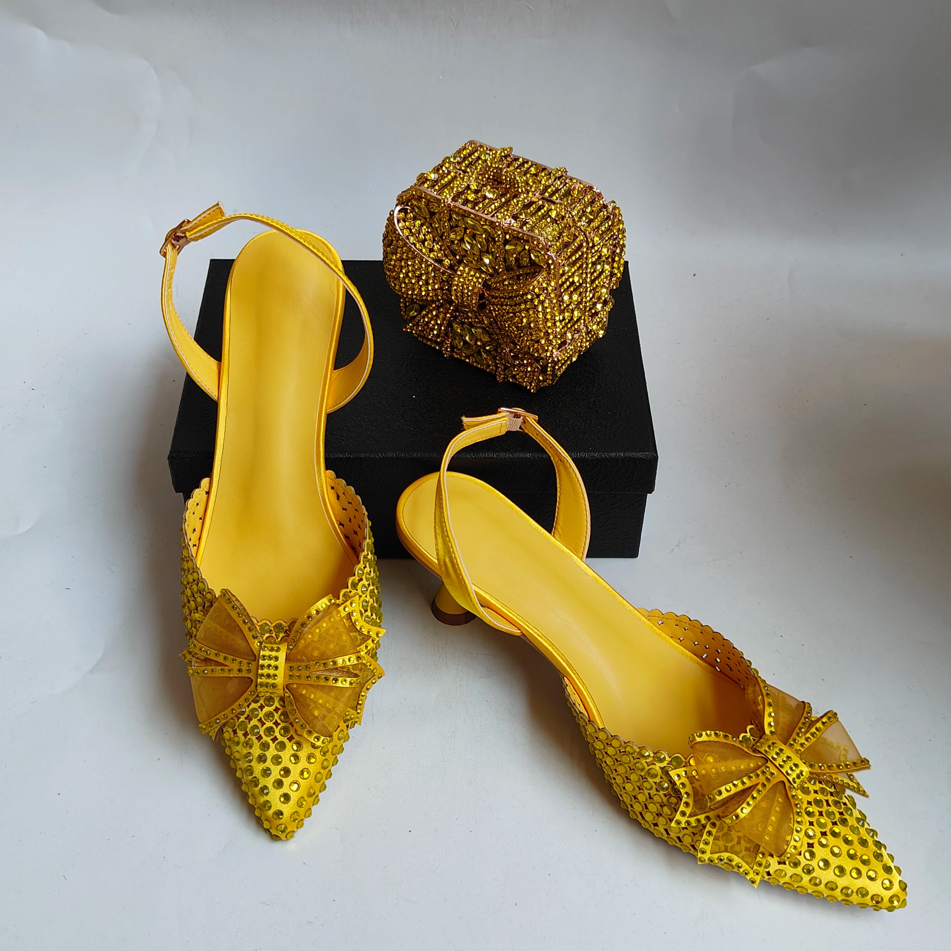 Insightlink Yellow Rhinestone Bow Ankle Strap Heels Square Clutch Set Luxury Crystal Evening Shoes Bag for Wedding Party Prom