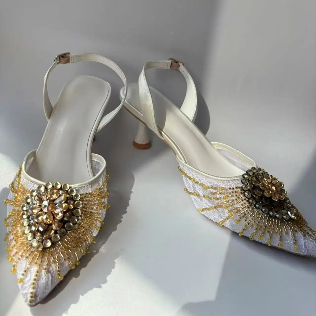 INSIGHTLINK Golden White Shoes and Bag Set Women Rhinestone Wedding High Heel Sandal And Purse Bride Crystals Clutch Toe Pump