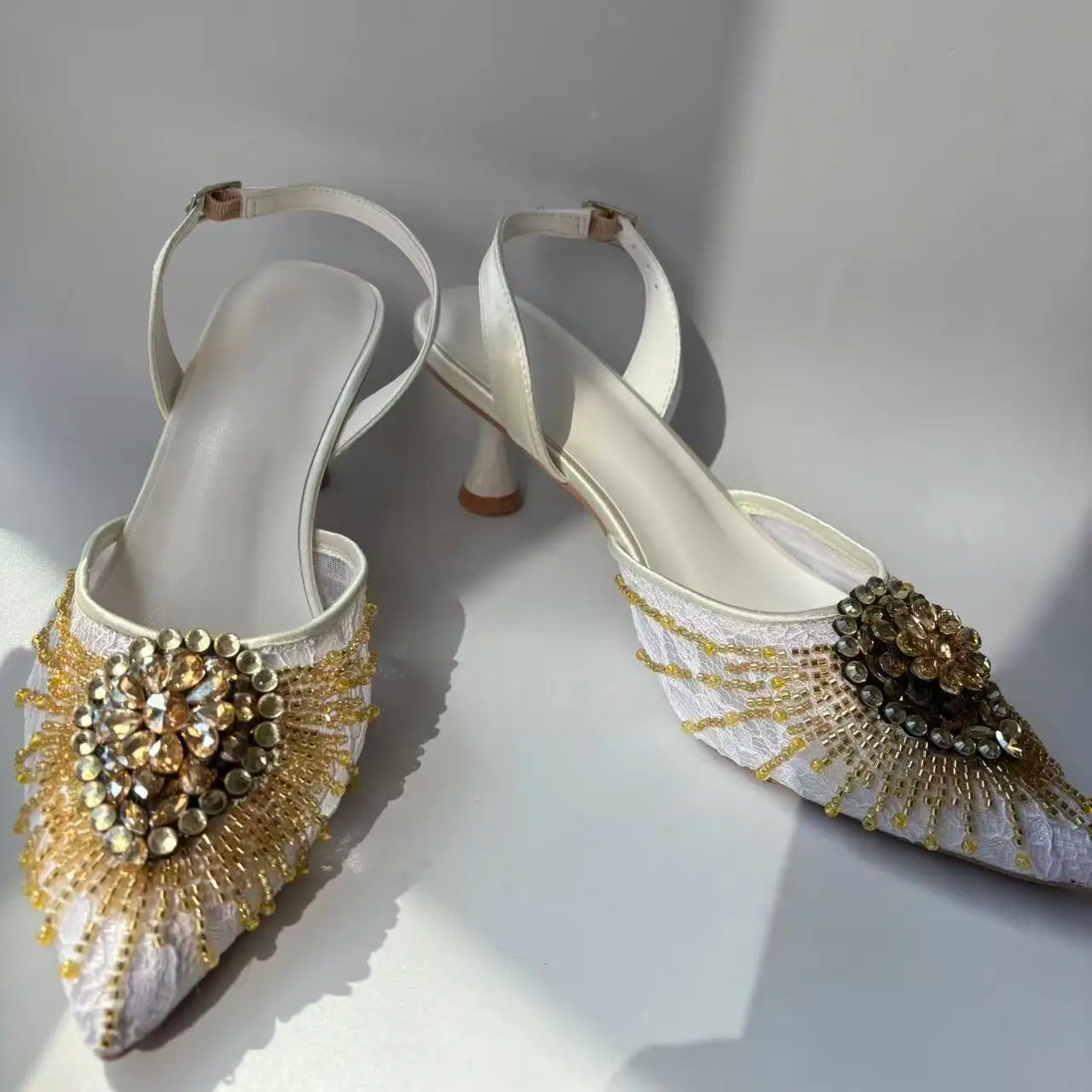 INSIGHTLINK Golden White Shoes and Bag Set Women Rhinestone Wedding High Heel Sandal And Purse Bride Crystals Clutch Toe Pump