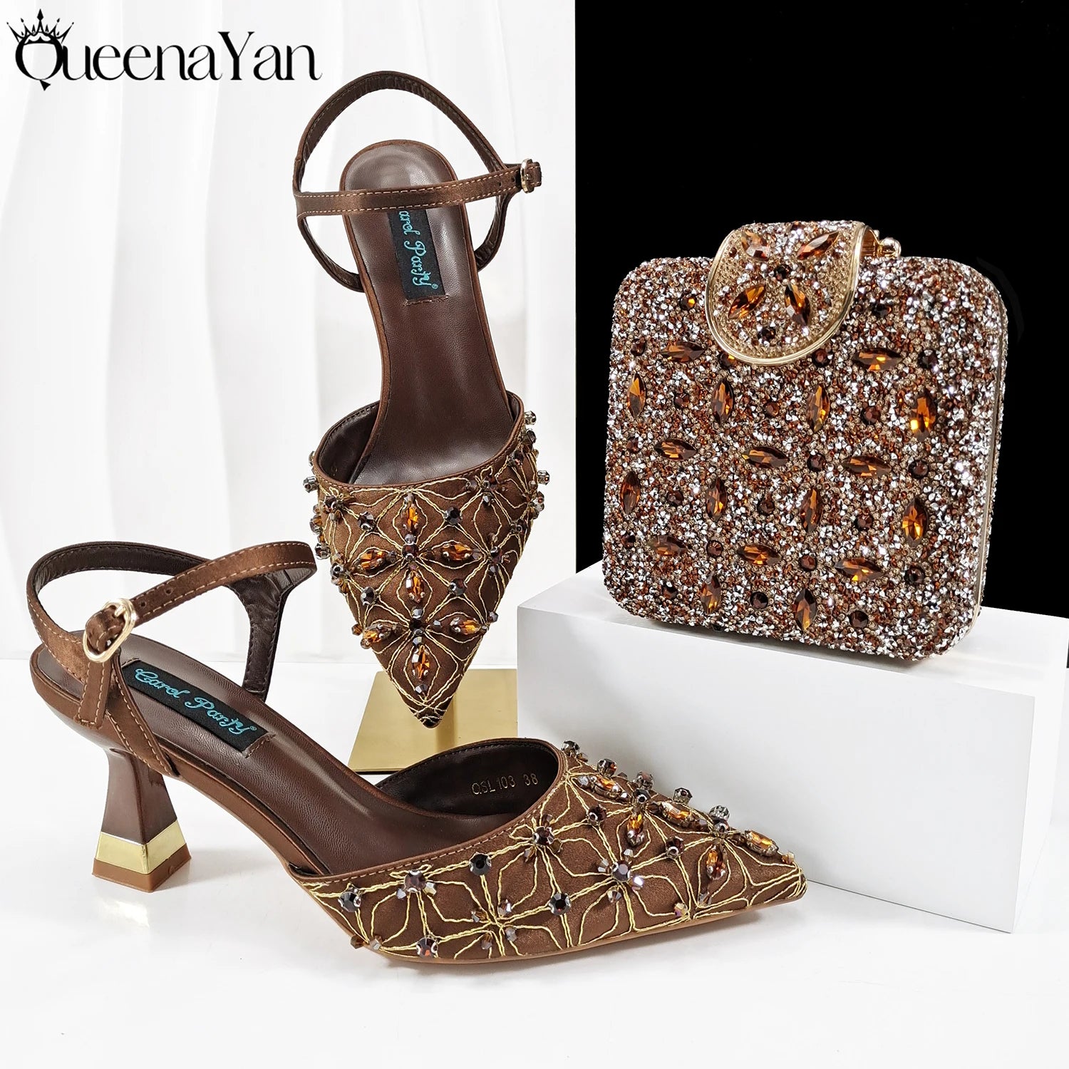 Queena Yan New Arrival Lovely Style Coffee Color Rhinestone Decoration Design Pointed Toe Lady Shoes and Bag for Party Wedding