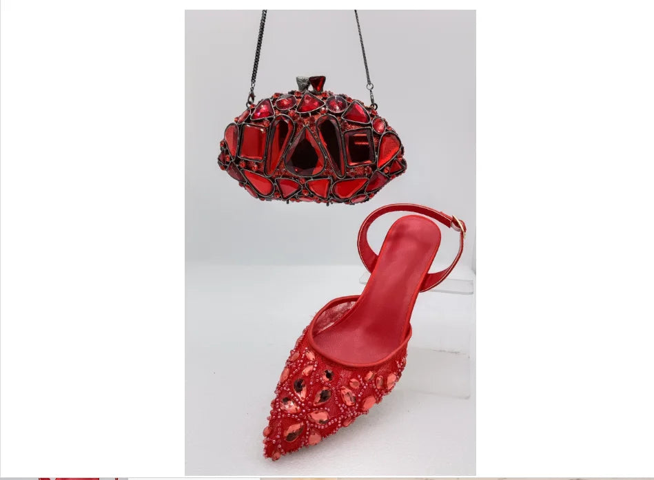 INSIGHTLINK Red Color Party Shoes and Bags Nigerian Women’s Suit Medium Heel Pointed Toe Women’s Shoes Rhinestones Sandals Red