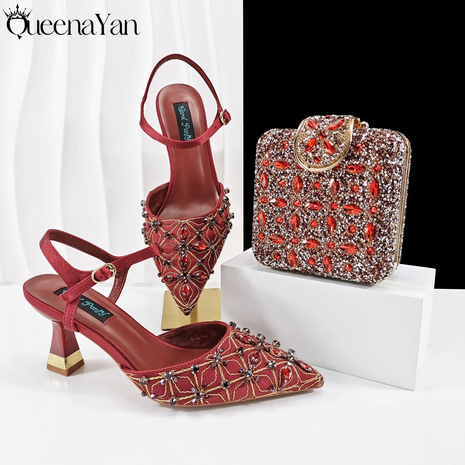Queena Yan New Arrival Lovely Style Coffee Color Rhinestone Decoration Design Pointed Toe Lady Shoes and Bag for Party Wedding