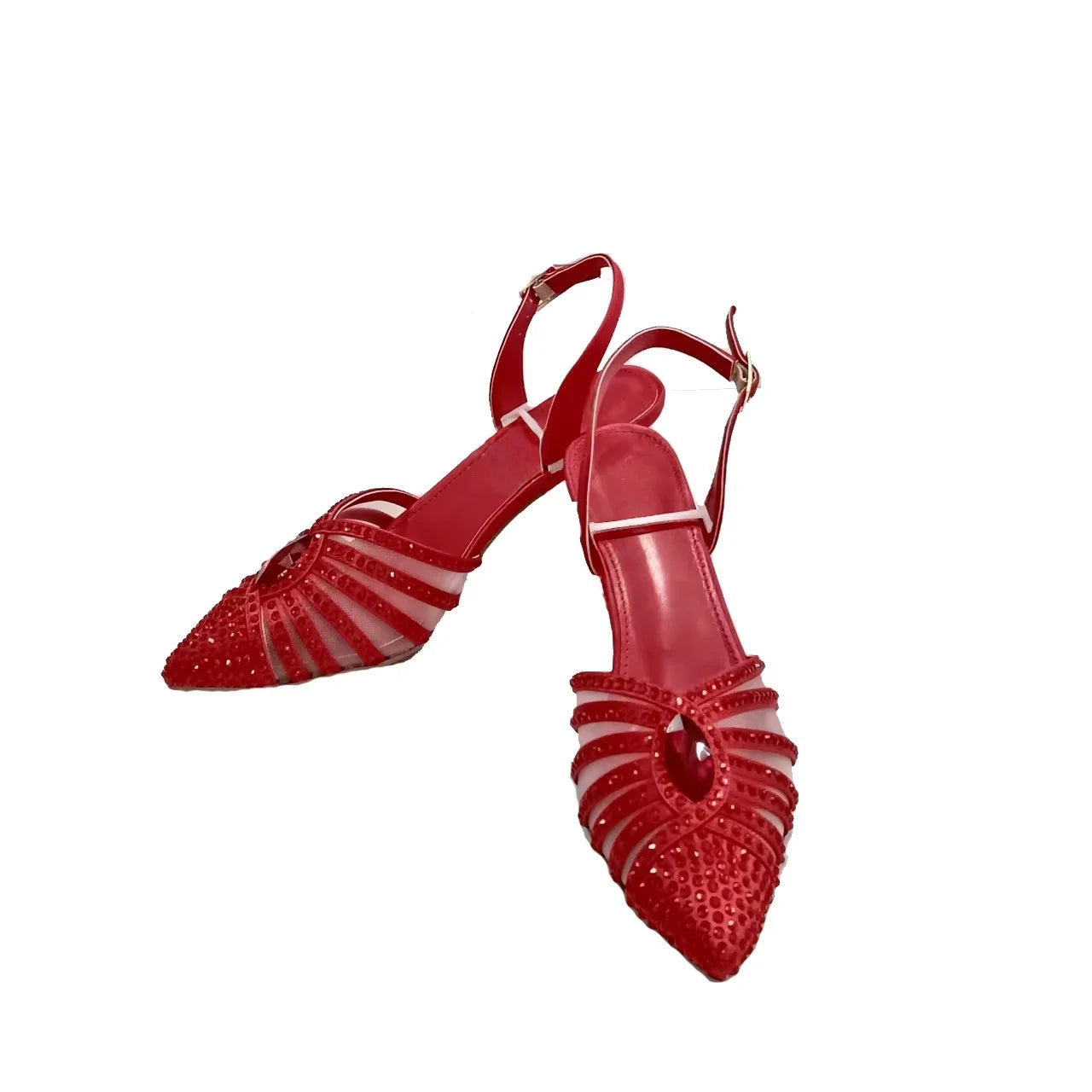 INSIGHTLINK Red Color Party Shoes and Bags Nigerian Women’s Suit Medium Heel Pointed Toe Women’s Shoes Rhinestones Sandals Red