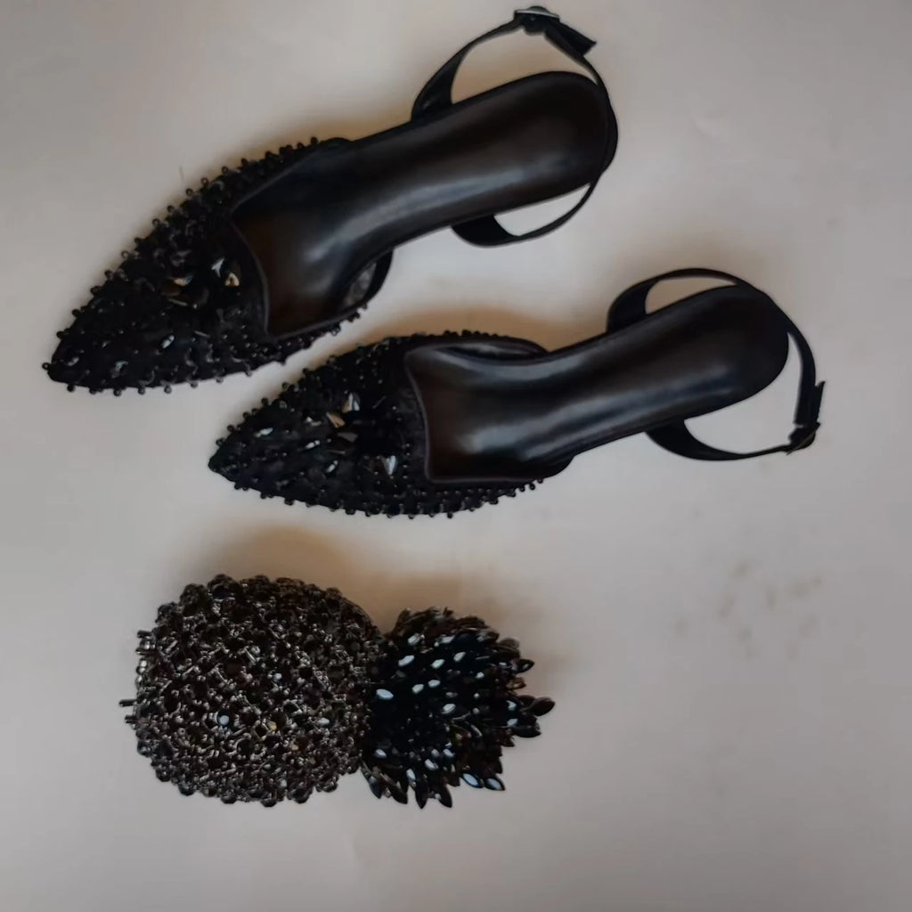 Insightlink Luxury Black Crystal Pineapple Evening Bag Slingback Shoes Pointed Toe Heels for Women Wedding Formal Events
