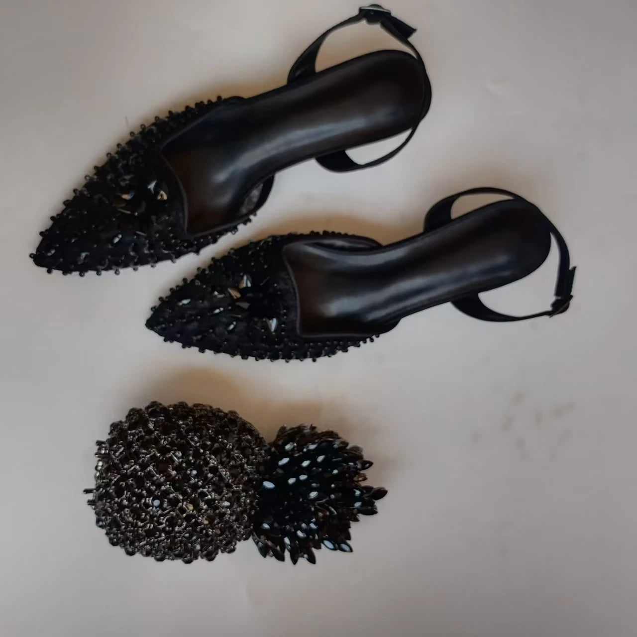 Insightlink Luxury Black Crystal Pineapple Evening Bag Slingback Shoes Pointed Toe Heels for Women Wedding Formal Events
