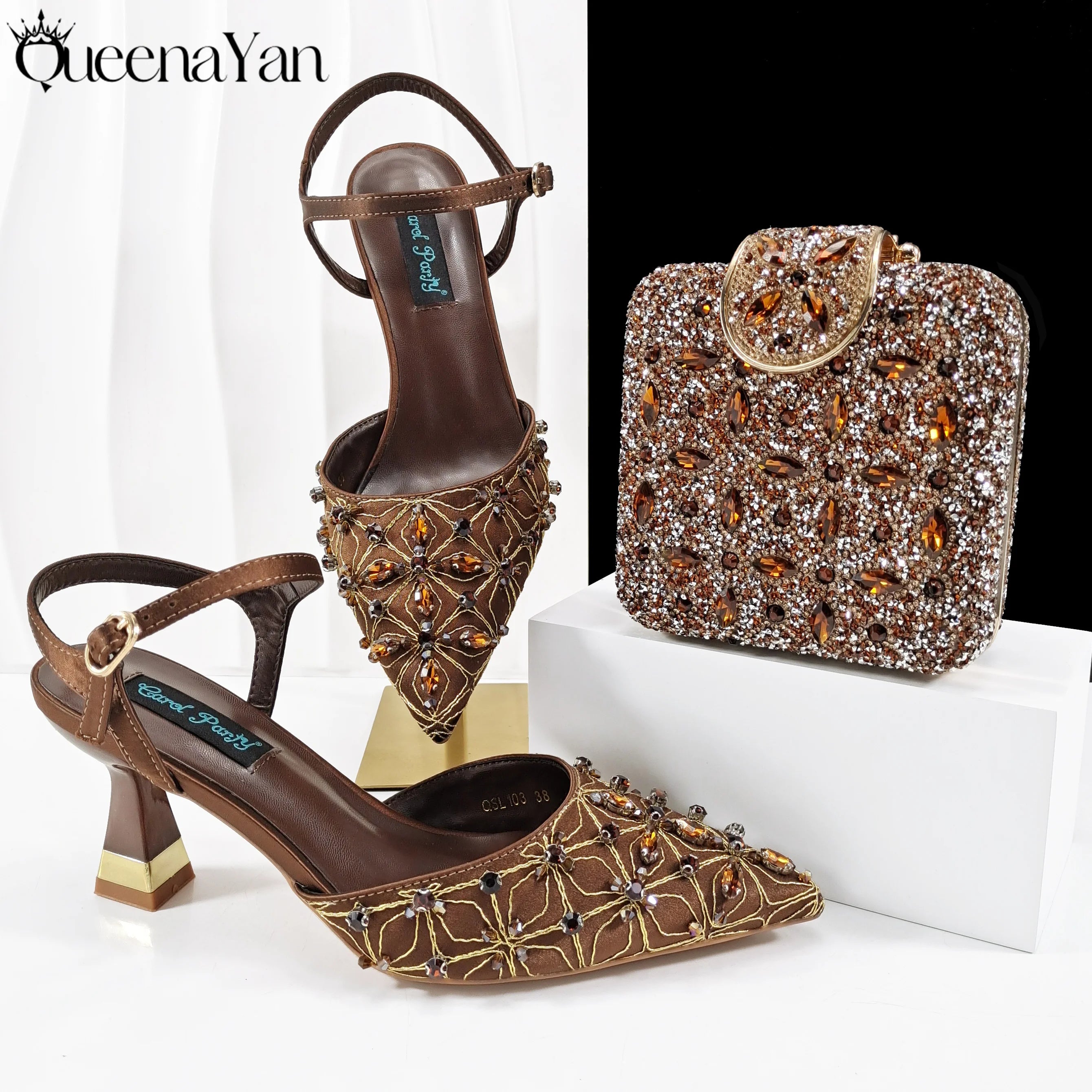 Queena Yan New Arrival Lovely Style Coffee Color Rhinestone Decoration Design Pointed Toe Lady Shoes and Bag for Party Wedding