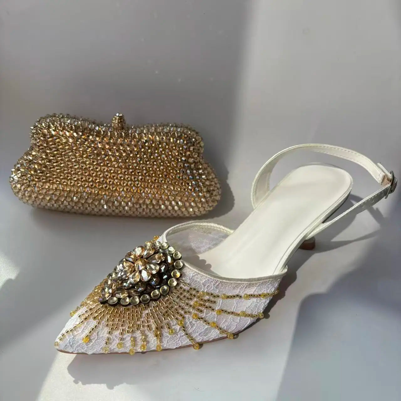 INSIGHTLINK Golden White Shoes and Bag Set Women Rhinestone Wedding High Heel Sandal And Purse Bride Crystals Clutch Toe Pump