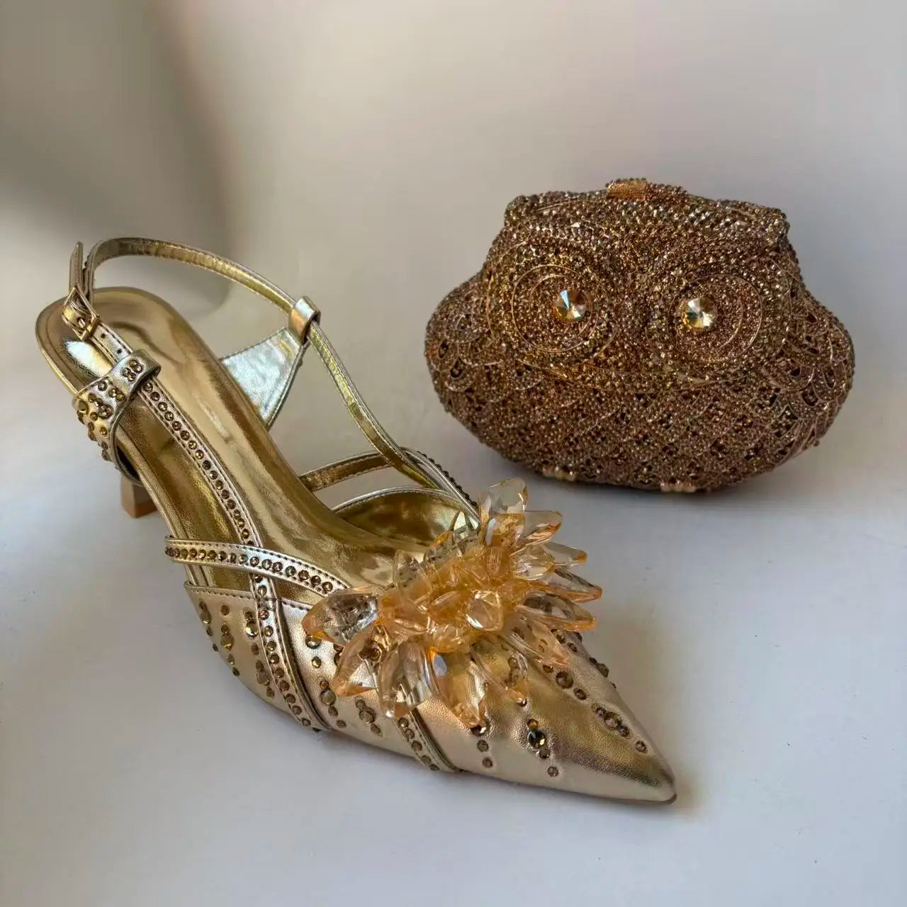 INSIGHTLINK Royal Blue Color Pointed Toe with Bag Comfortable Heels Rhinestones Design Ladies Slipper with Handbag Set For Party