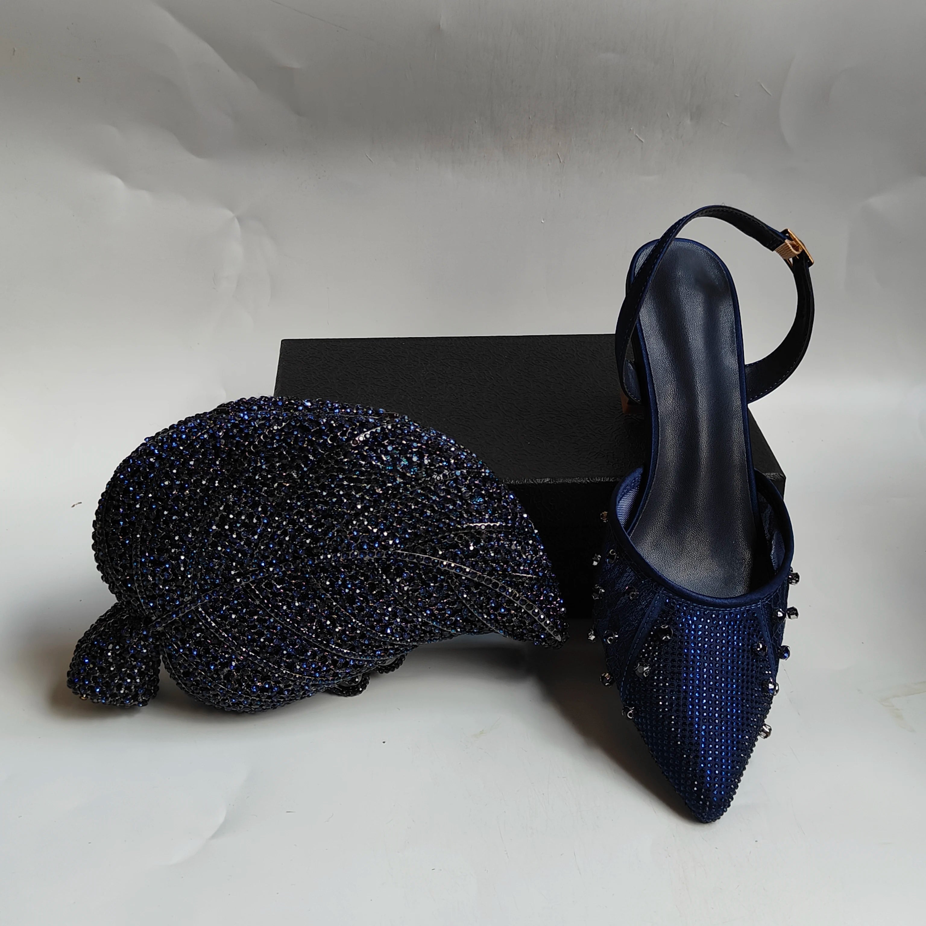 Insightlink Navy Blue Rhinestone Slingback Heels Evening Shoes for Women, Luxury Crystal Evening Shoes and Bag for Wedding Party