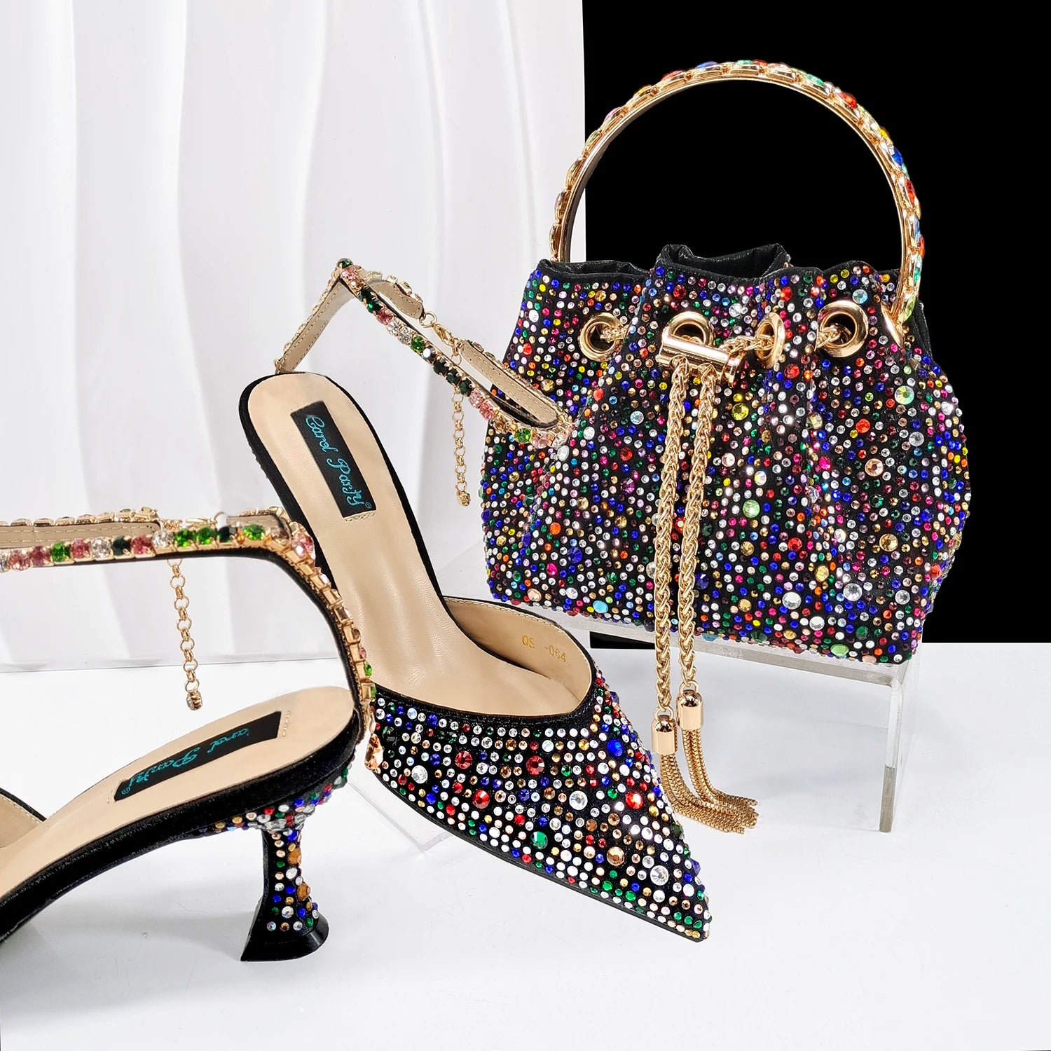 QueenaYan New African Popular Pointed Toe Shoes Anklet Design and Metal Handle Soft Small Bag High Heels Party Shoes for Women