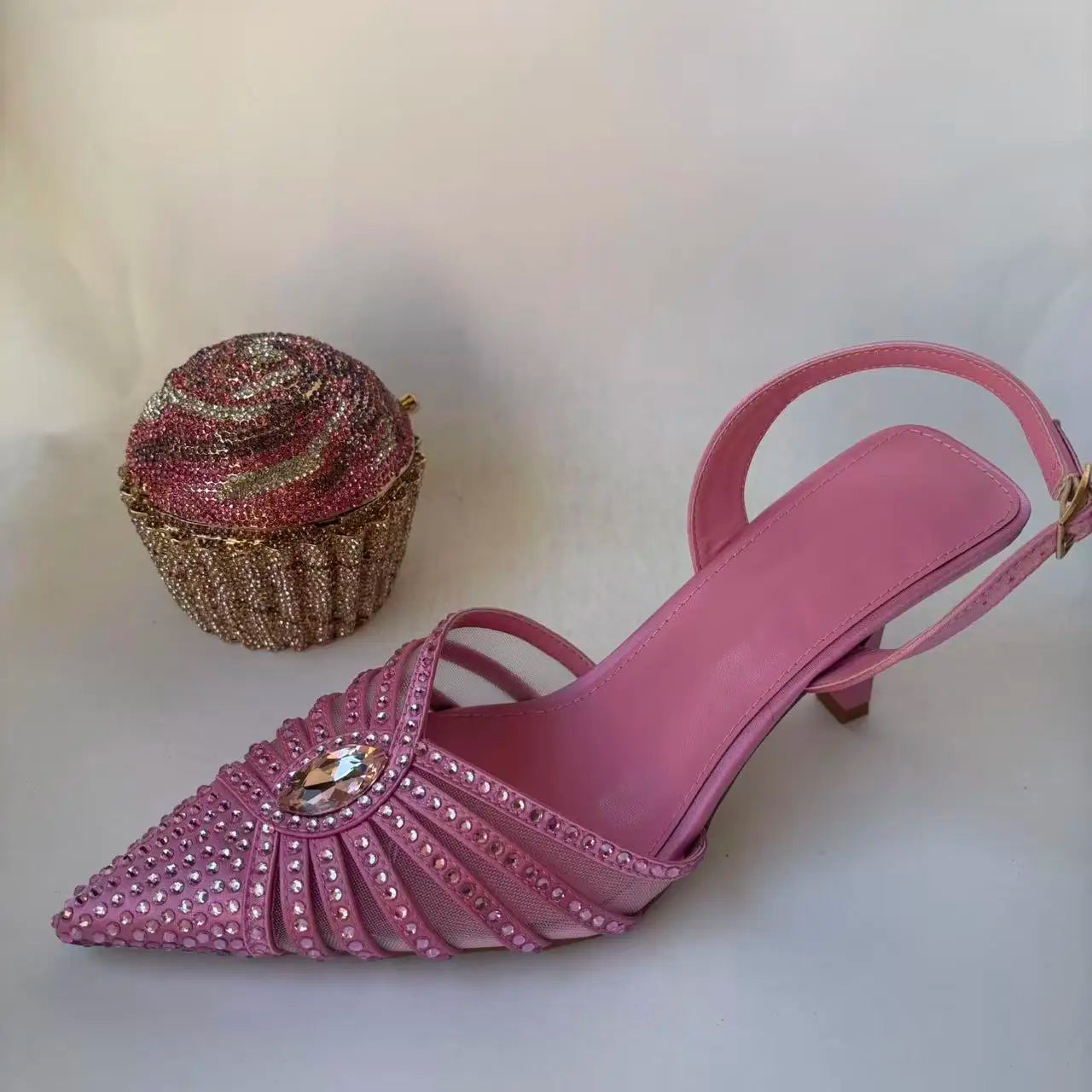 INSIGHTLINK Pink Design Rhinestones Party Shoes with Bag Set Bridal High Heels Pointed Toe Women's Sandal