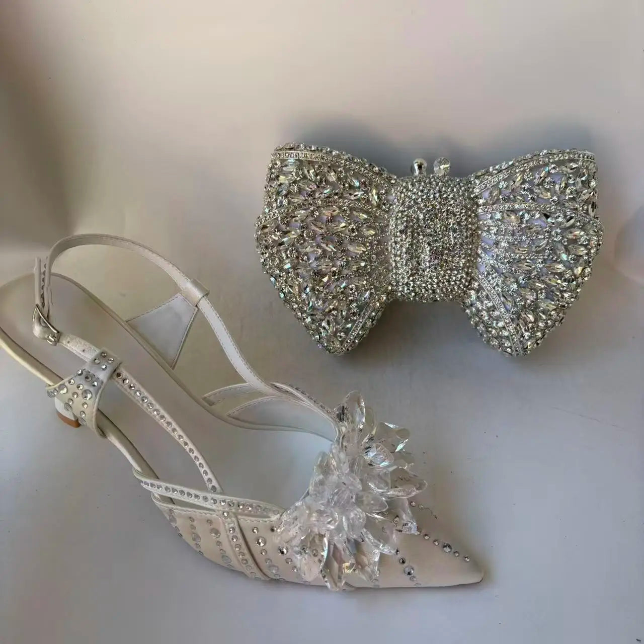 INSIGHTLINK Royal Blue Color Pointed Toe with Bag Comfortable Heels Rhinestones Design Ladies Slipper with Handbag Set For Party