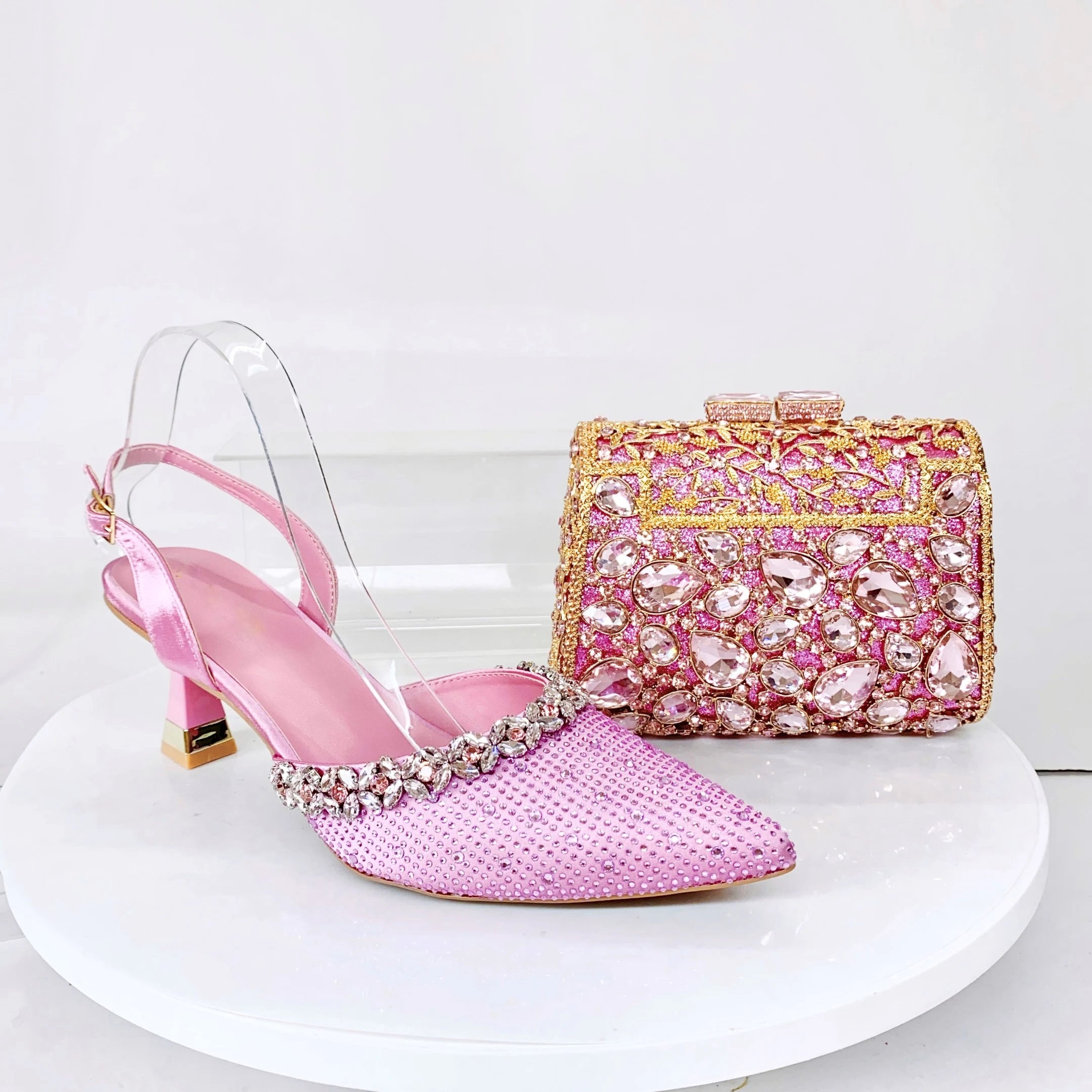Insightlink Lady High Heels Crystals Shoes and Bag Set Rhinestone Handbag with Sandals for Wedding Gems Clutch Purse with Shoes