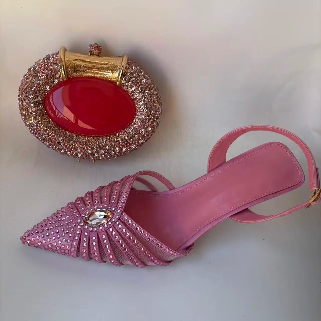INSIGHTLINK Pink Design Rhinestones Party Shoes with Bag Set Bridal High Heels Pointed Toe Women's Sandal