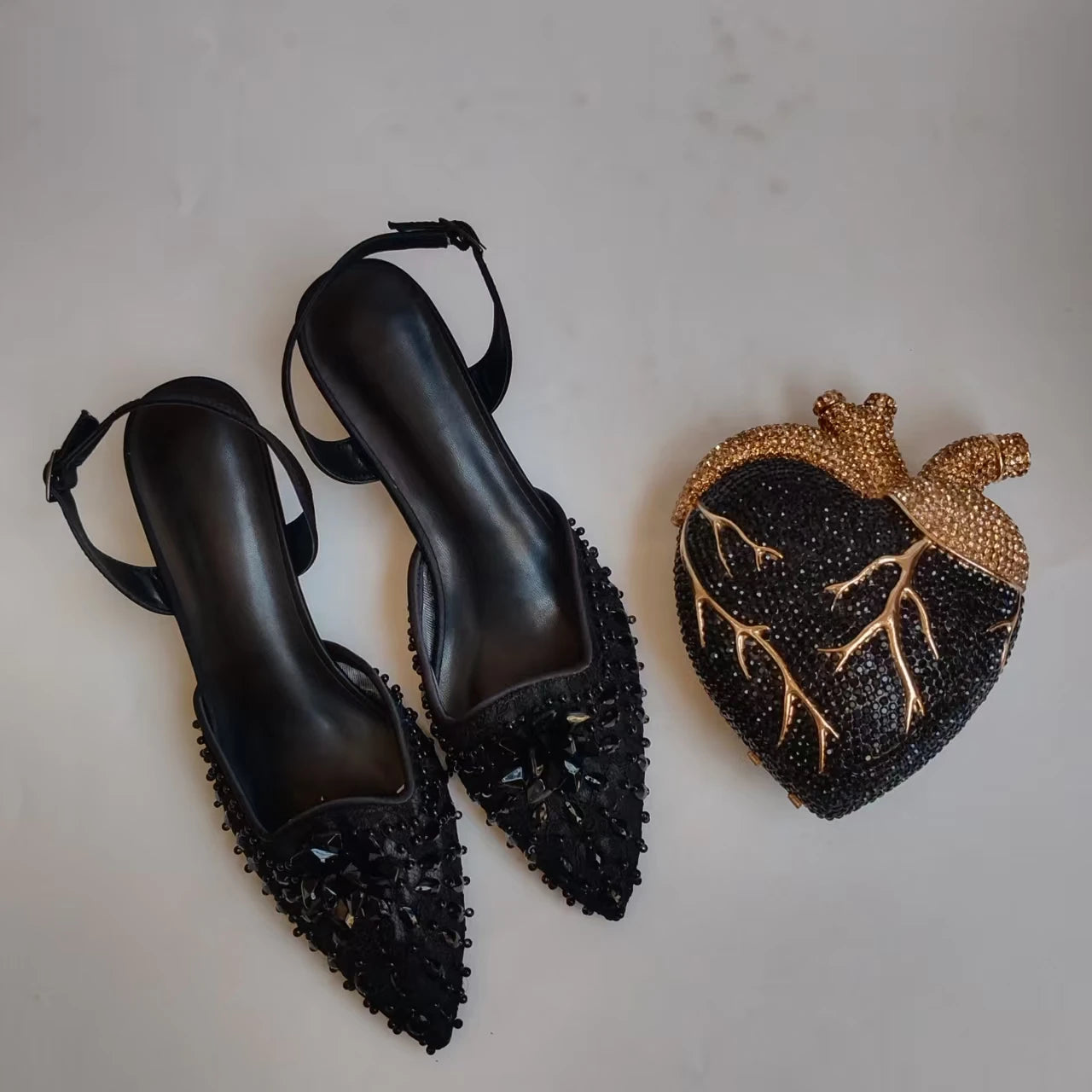 Insightlink Luxury Black Crystal Pineapple Evening Bag Slingback Shoes Pointed Toe Heels for Women Wedding Formal Events