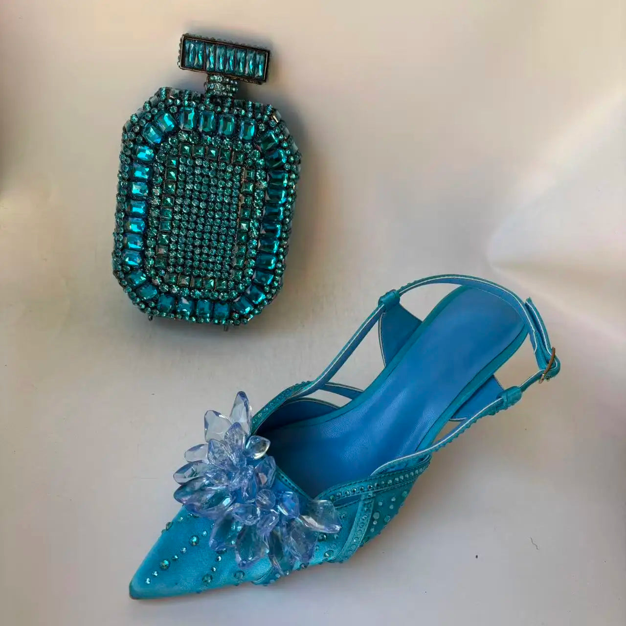 INSIGHTLINK Royal Blue Color Pointed Toe with Bag Comfortable Heels Rhinestones Design Ladies Slipper with Handbag Set For Party