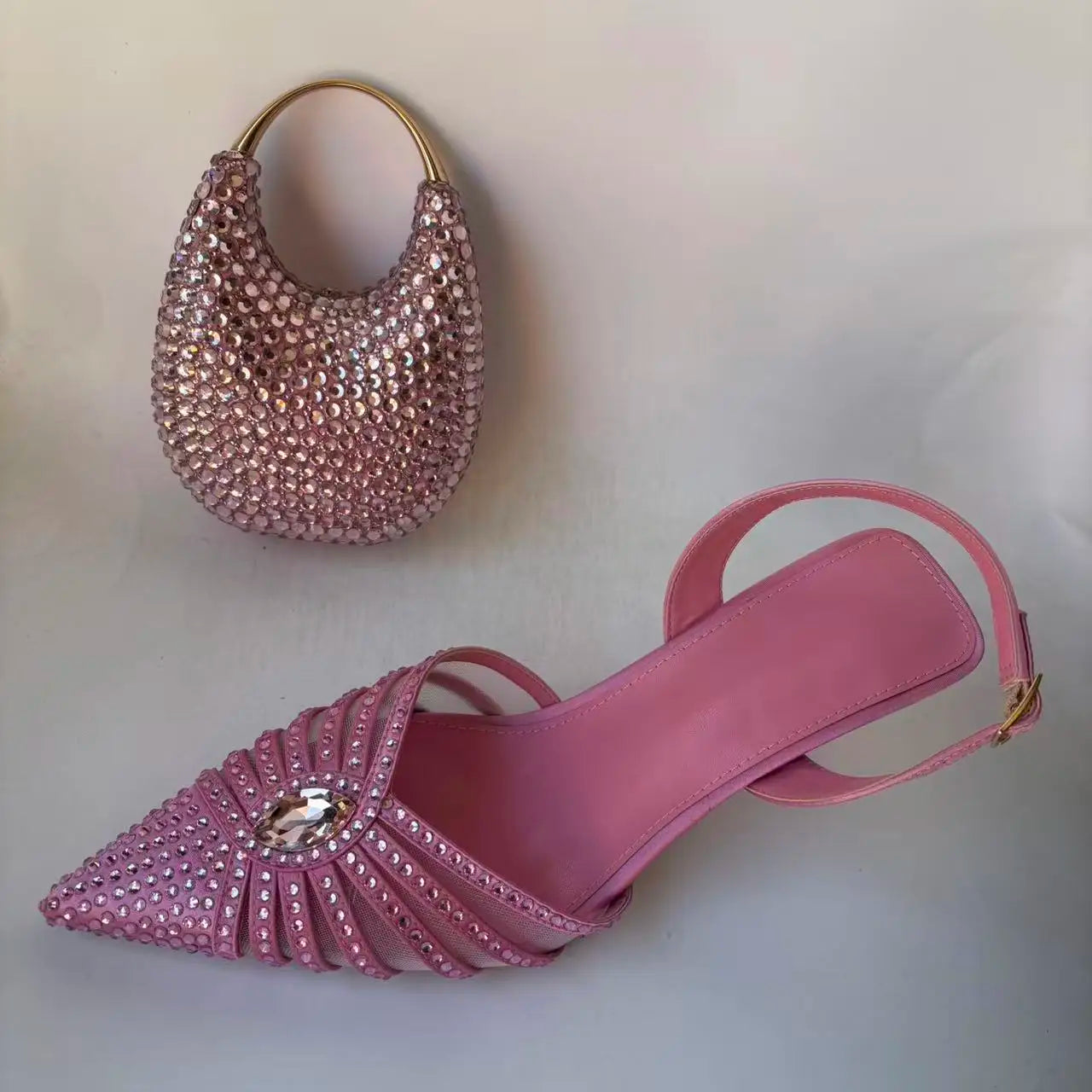 INSIGHTLINK Pink Design Rhinestones Party Shoes with Bag Set Bridal High Heels Pointed Toe Women's Sandal