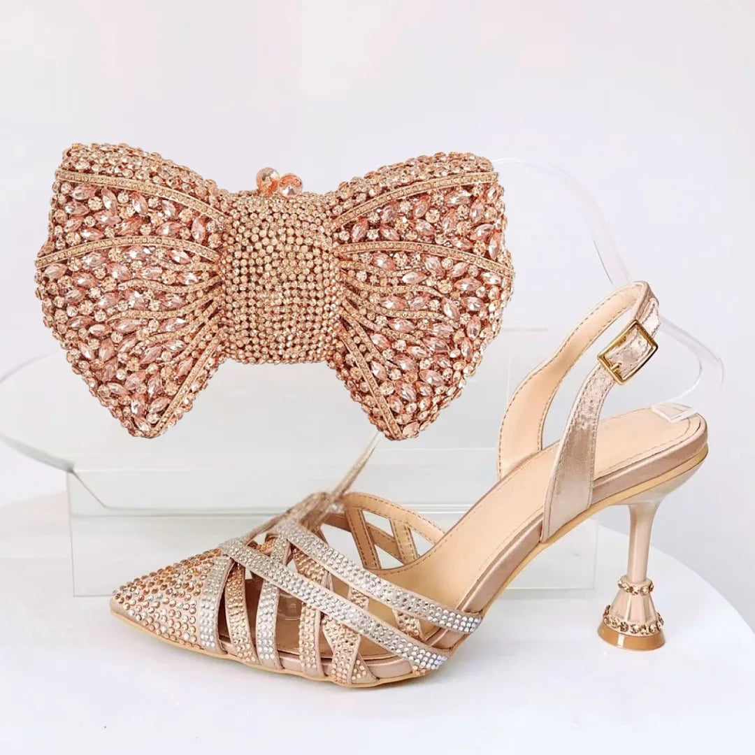 Insightlink Fashion Sandals Evening Bag Set Women Pointed Toe High Heels Shoes Rhinestone Cross Tied Design Sense Open Heel