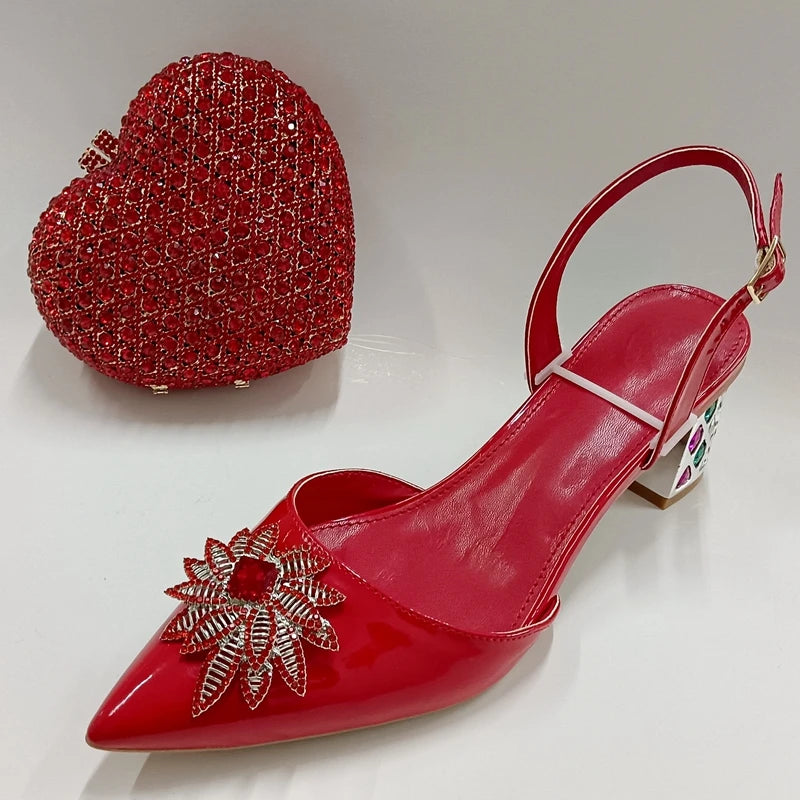 INSIGHTLINK Red Color Party Shoes and Bags Nigerian Women’s Suit Medium Heel Pointed Toe Women’s Shoes Rhinestones Sandals Red