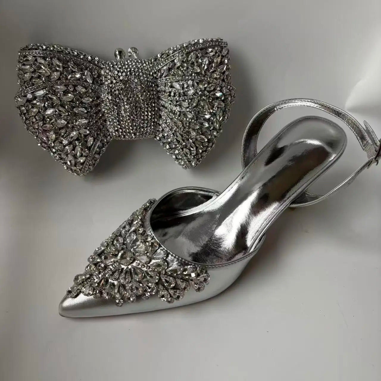 Insightlink Sliver Color Rhinestones High Heeled Shoes and Clutch Bags Party Crystal High-Heeled Stiletto Sandals for Bridal