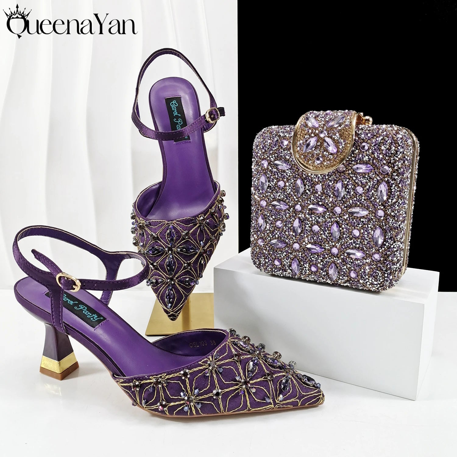 Queena Yan New Arrival Lovely Style Coffee Color Rhinestone Decoration Design Pointed Toe Lady Shoes and Bag for Party Wedding