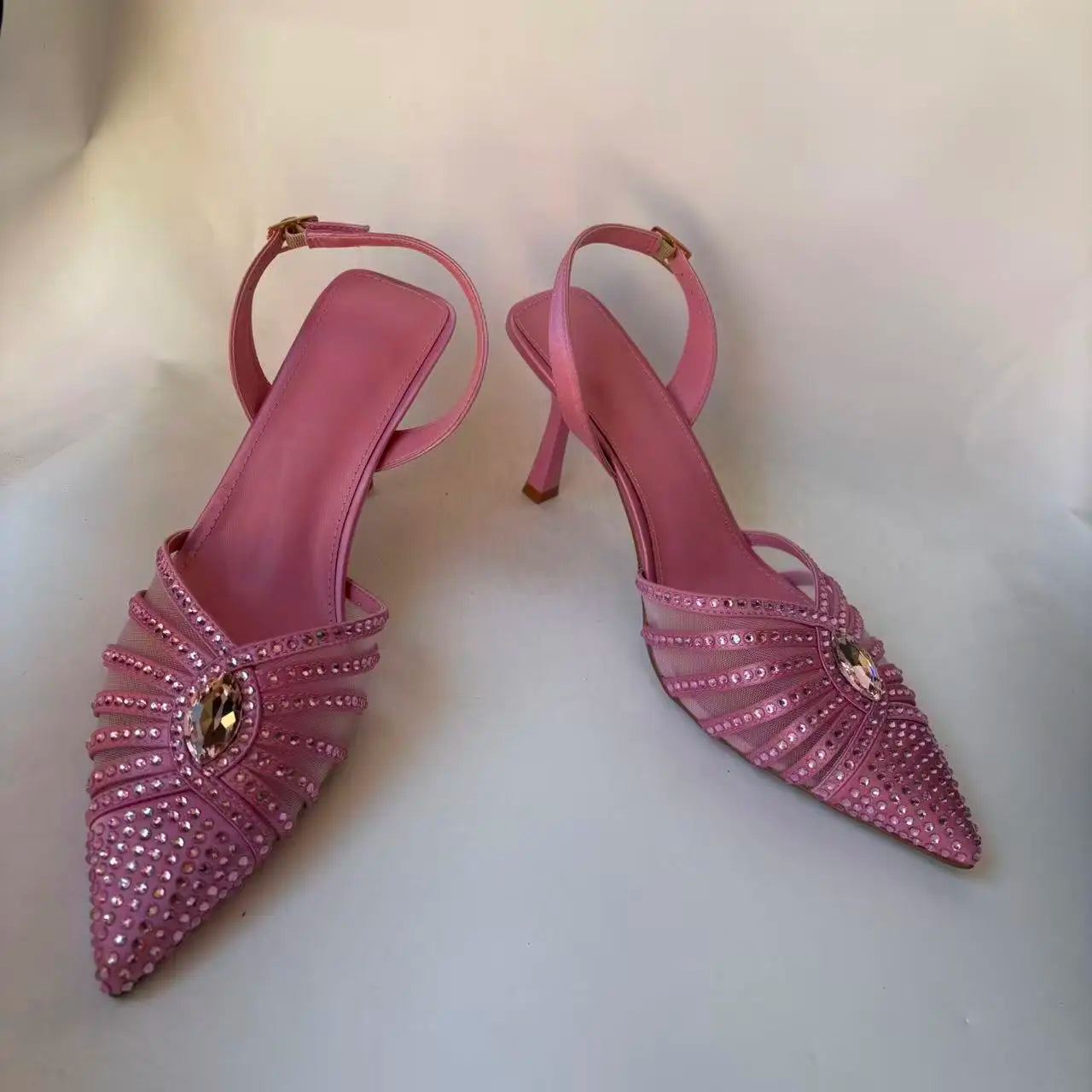 INSIGHTLINK Pink Design Rhinestones Party Shoes with Bag Set Bridal High Heels Pointed Toe Women's Sandal