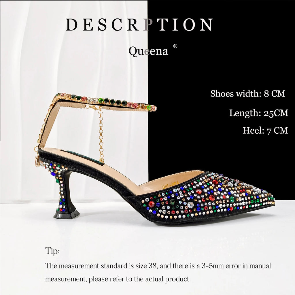 QueenaYan New African Popular Pointed Toe Shoes Anklet Design and Metal Handle Soft Small Bag High Heels Party Shoes for Women