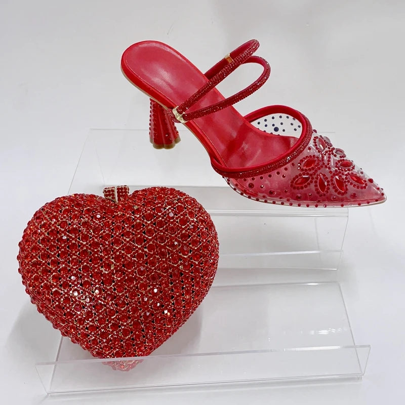INSIGHTLINK Red Color Party Shoes and Bags Nigerian Women’s Suit Medium Heel Pointed Toe Women’s Shoes Rhinestones Sandals Red