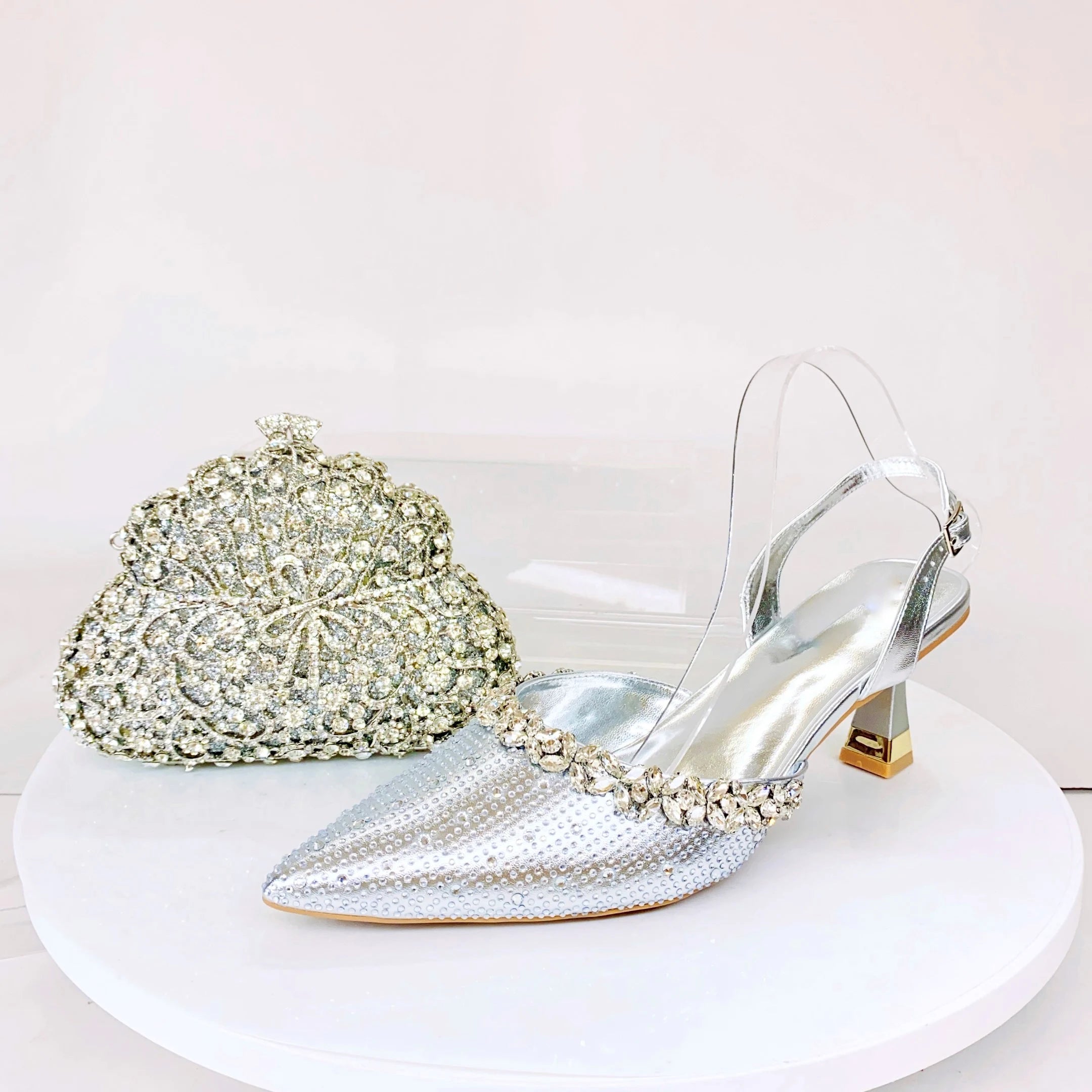 Insightlink Lady High Heels Crystals Shoes and Bag Set Rhinestone Handbag with Sandals for Wedding Gems Clutch Purse with Shoes