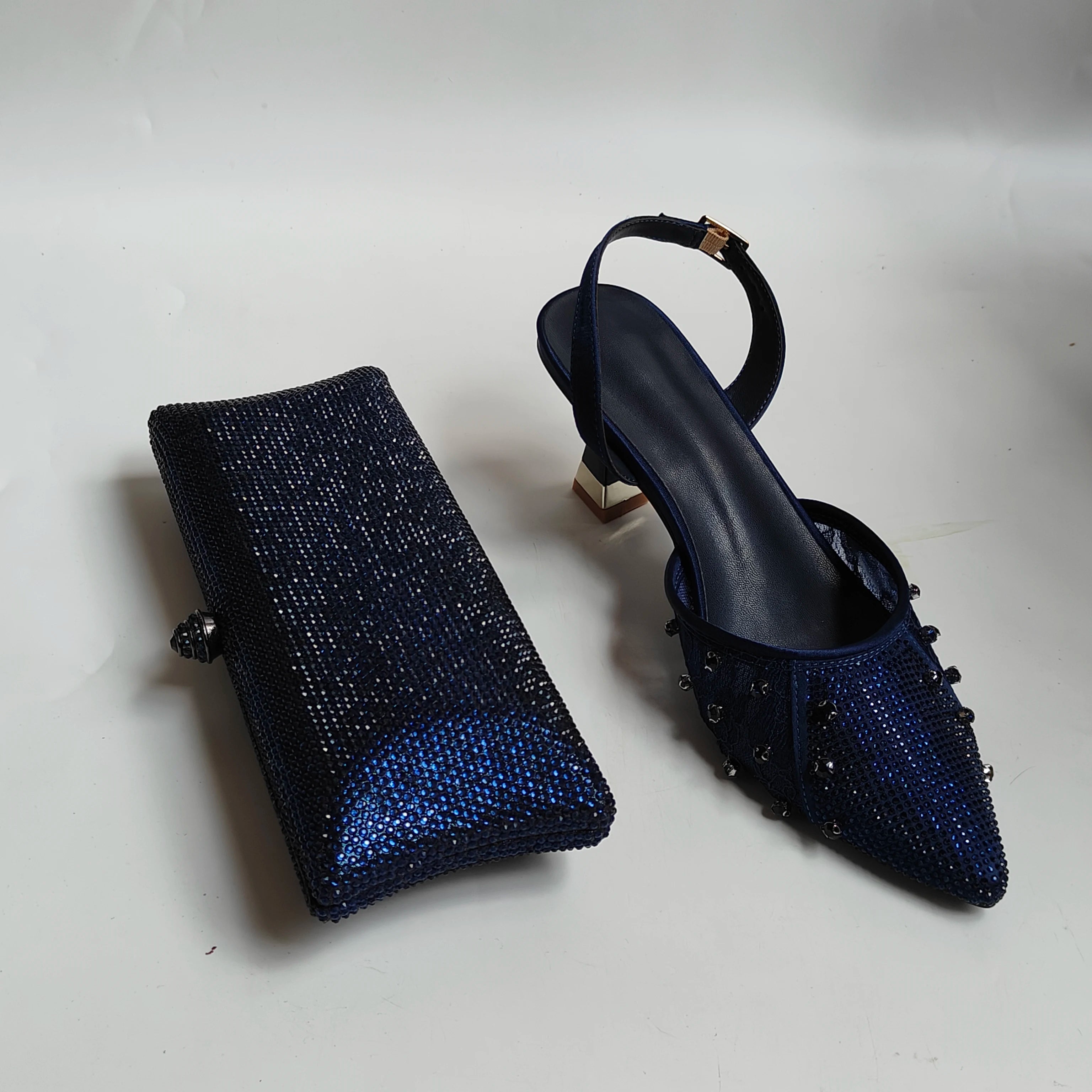 Insightlink Navy Blue Rhinestone Slingback Heels Evening Shoes for Women, Luxury Crystal Evening Shoes and Bag for Wedding Party