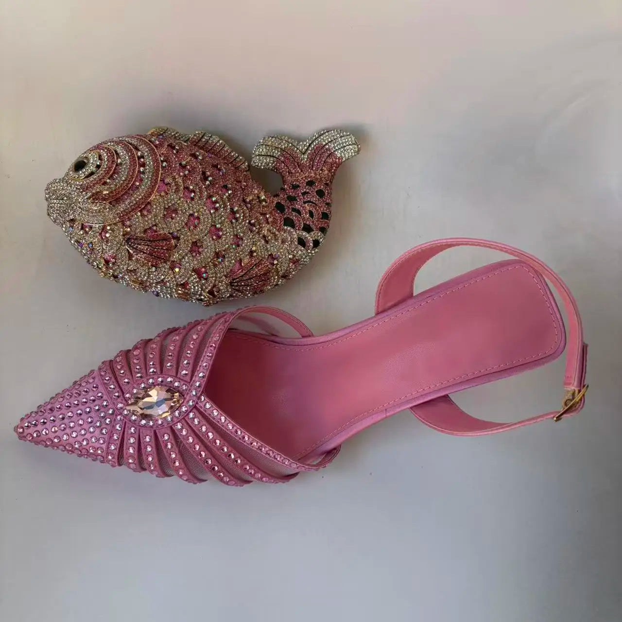 INSIGHTLINK Pink Design Rhinestones Party Shoes with Bag Set Bridal High Heels Pointed Toe Women's Sandal