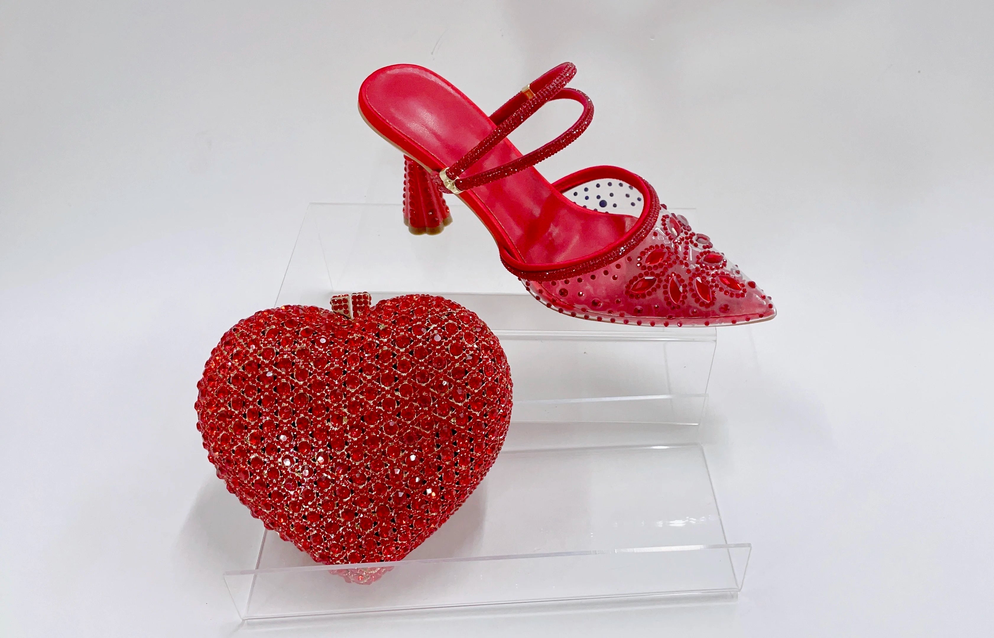 INSIGHTLINK Red Color Party Shoes and Bags Nigerian Women’s Suit Medium Heel Pointed Toe Women’s Shoes Rhinestones Sandals Red