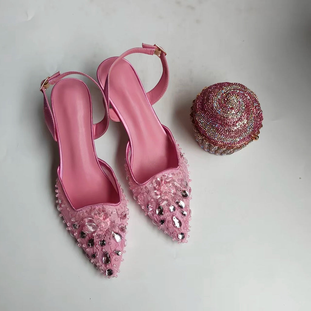 INSIGHTLINK Luxury Pink Lace Gem Embellished Heels Ombre Fan Crystal Clutch Bridal Banquet Elegant Matching Footwear Purse