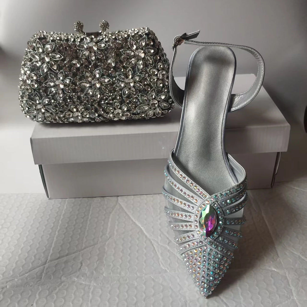 INSIGHTLINK New Rhinestones Shoes And Clutch Sets For Evening Party Gems high-heeled Stiletto sandals And Bags Crystal sandals