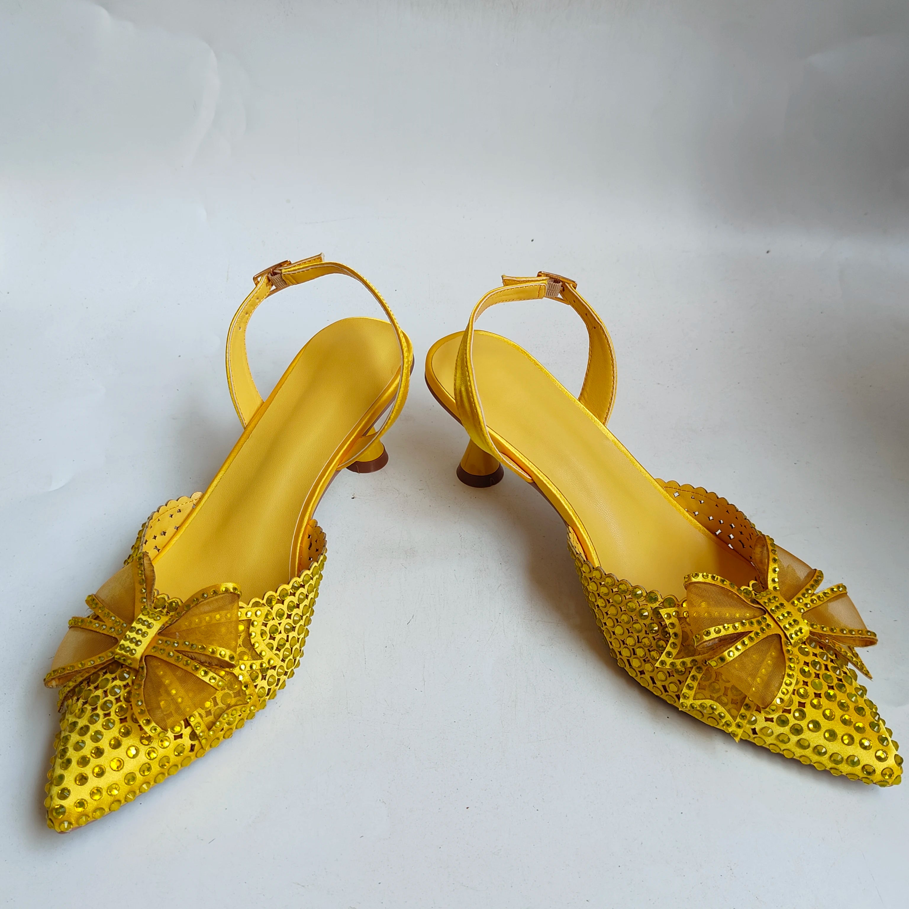 Insightlink Yellow Rhinestone Bow Ankle Strap Heels Square Clutch Set Luxury Crystal Evening Shoes Bag for Wedding Party Prom