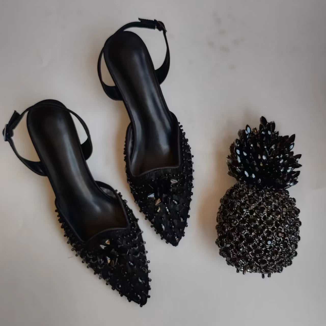 Insightlink Luxury Black Crystal Pineapple Evening Bag Slingback Shoes Pointed Toe Heels for Women Wedding Formal Events