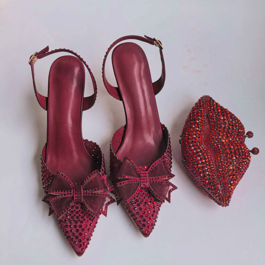 Insightlink Burgundy Satin Bow Rhinestone Ankle Strap Heels Matching Rose Crystal Clutch Women Wedding Formal Shoes and Bag Set