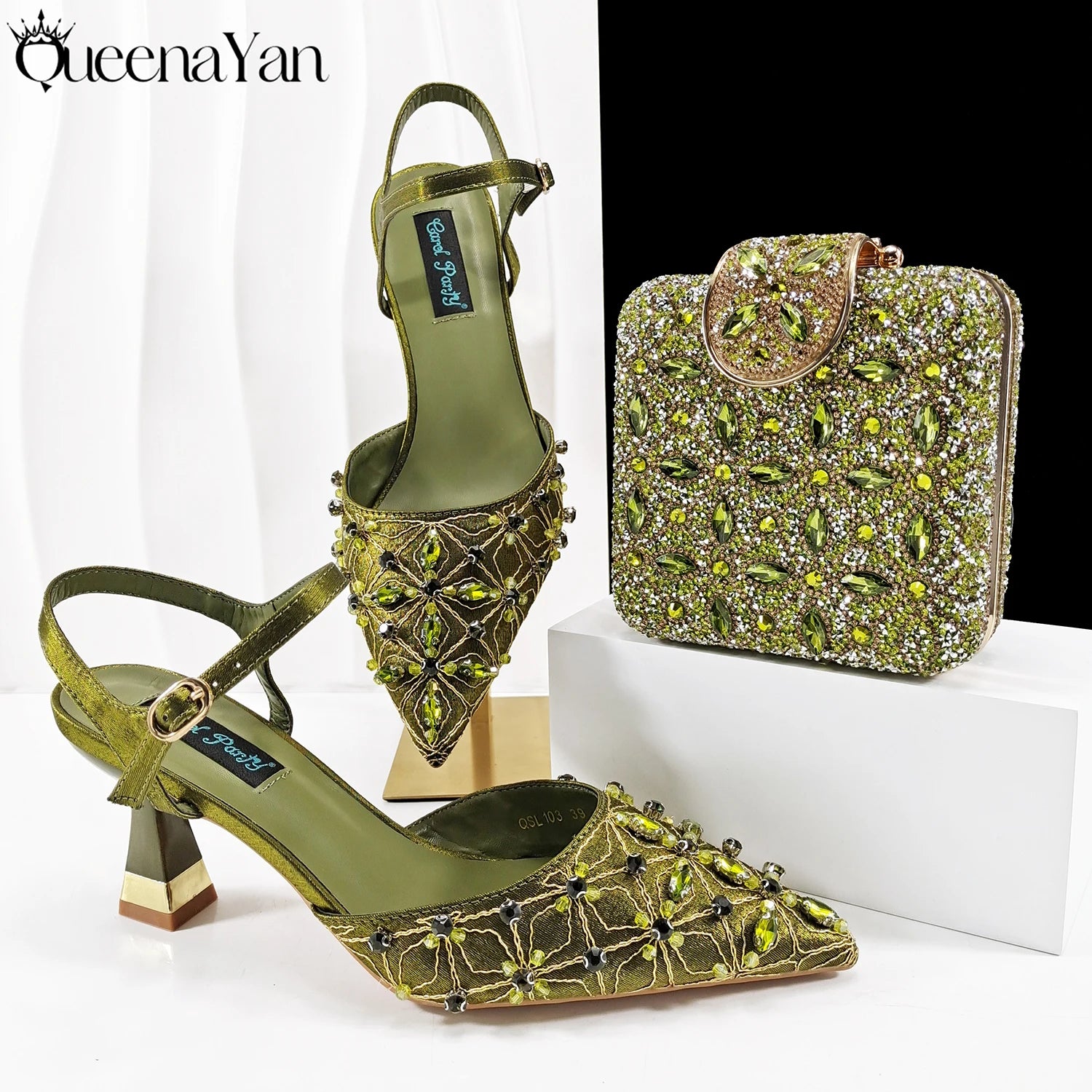 Queena Yan New Arrival Lovely Style Coffee Color Rhinestone Decoration Design Pointed Toe Lady Shoes and Bag for Party Wedding