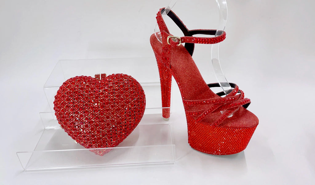 INSIGHTLINK Red Color Party Shoes and Bags Nigerian Women’s Suit Medium Heel Pointed Toe Women’s Shoes Rhinestones Sandals Red