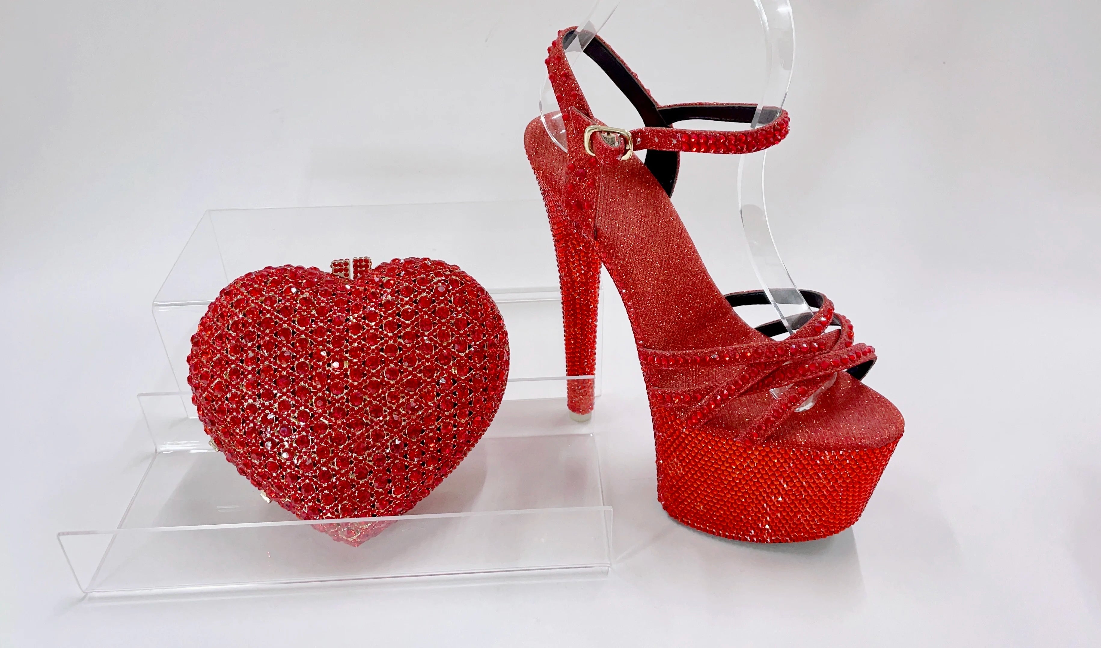 INSIGHTLINK Red Color Party Shoes and Bags Nigerian Women’s Suit Medium Heel Pointed Toe Women’s Shoes Rhinestones Sandals Red