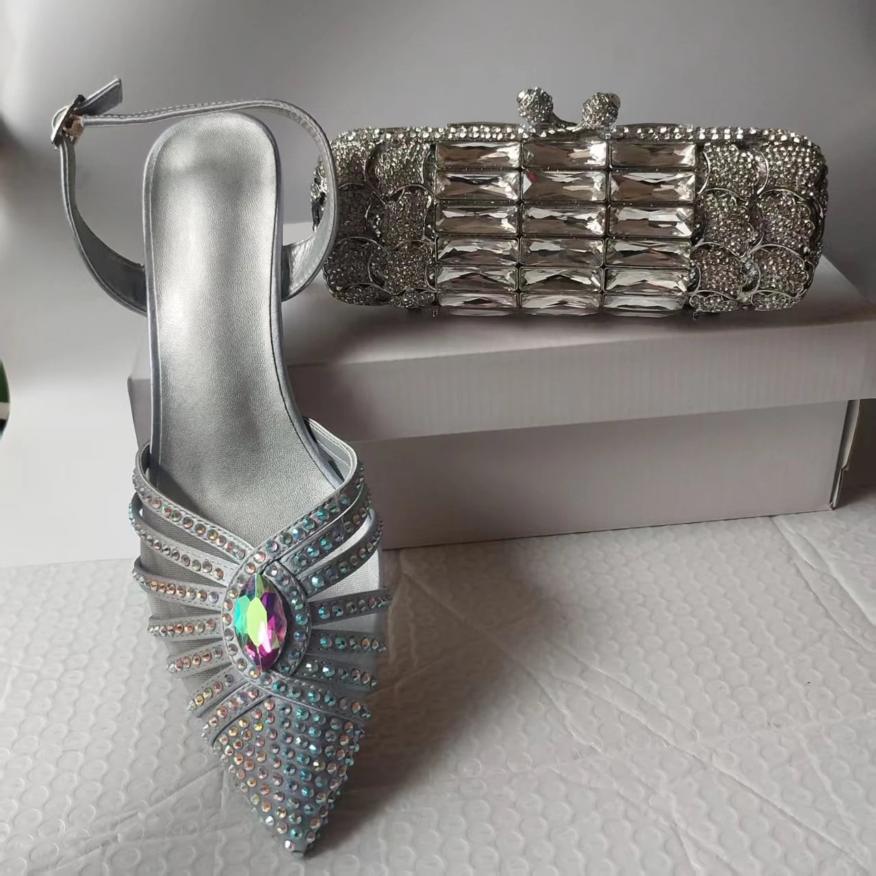 INSIGHTLINK New Rhinestones Shoes And Clutch Sets For Evening Party Gems high-heeled Stiletto sandals And Bags Crystal sandals