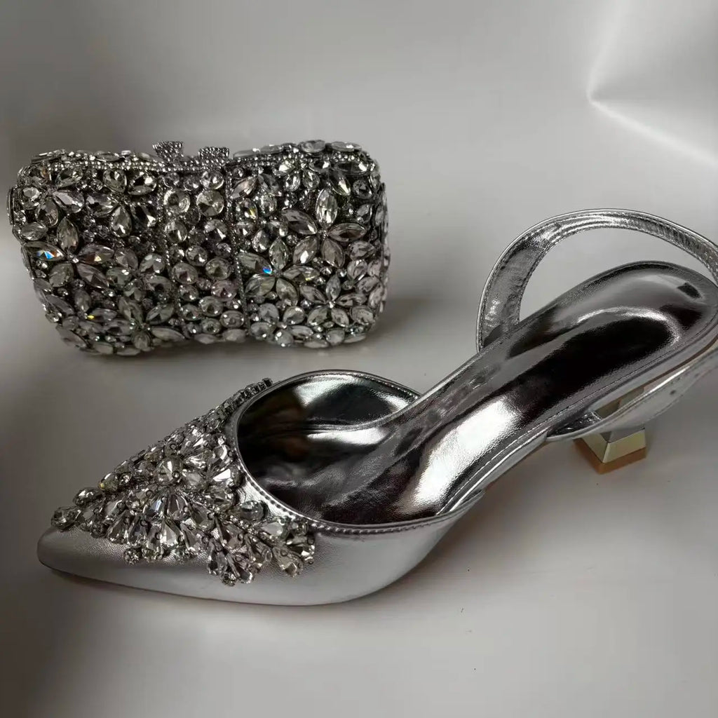 Insightlink Sliver Color Rhinestones High Heeled Shoes and Clutch Bags Party Crystal High-Heeled Stiletto Sandals for Bridal