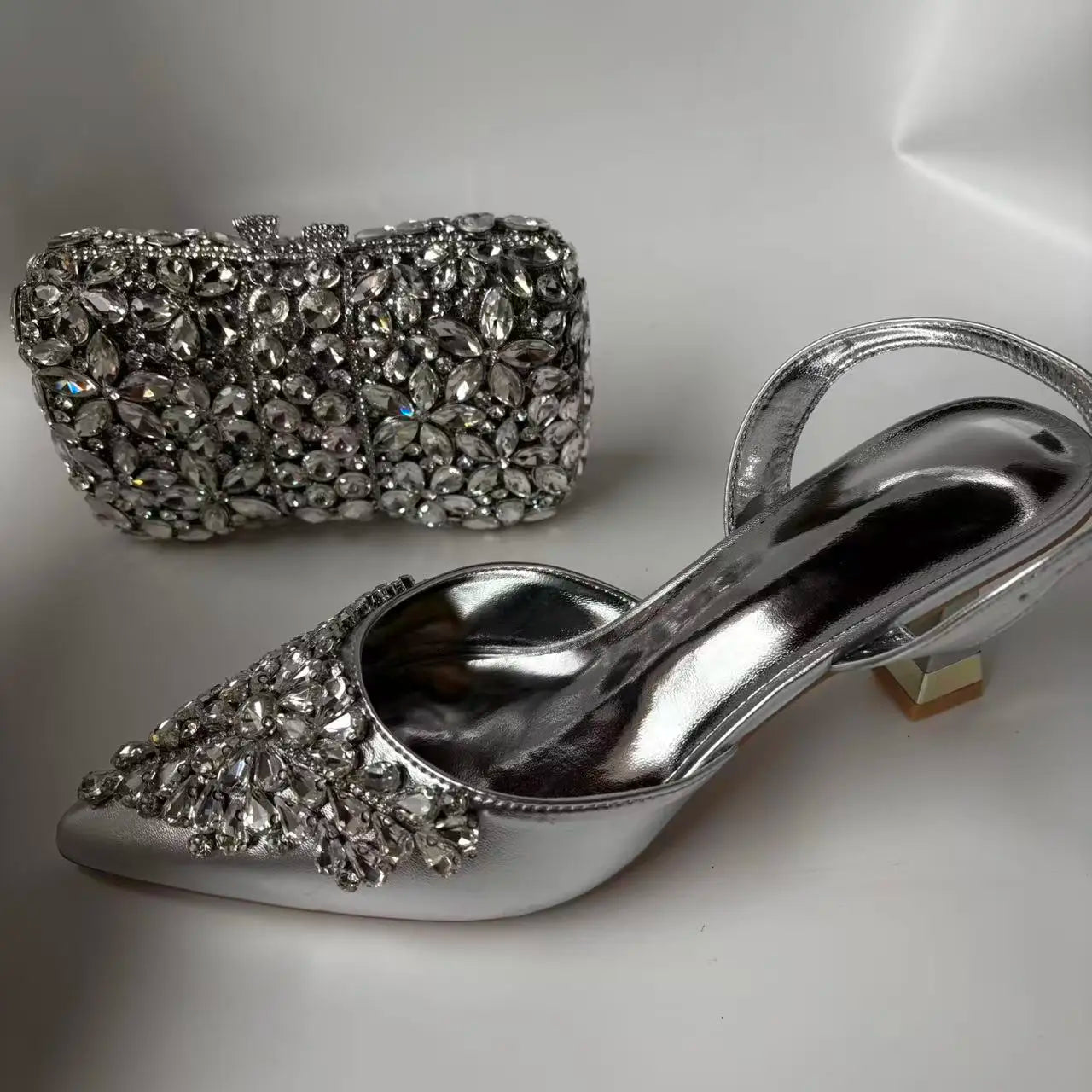 Insightlink Sliver Color Rhinestones High Heeled Shoes and Clutch Bags Party Crystal High-Heeled Stiletto Sandals for Bridal