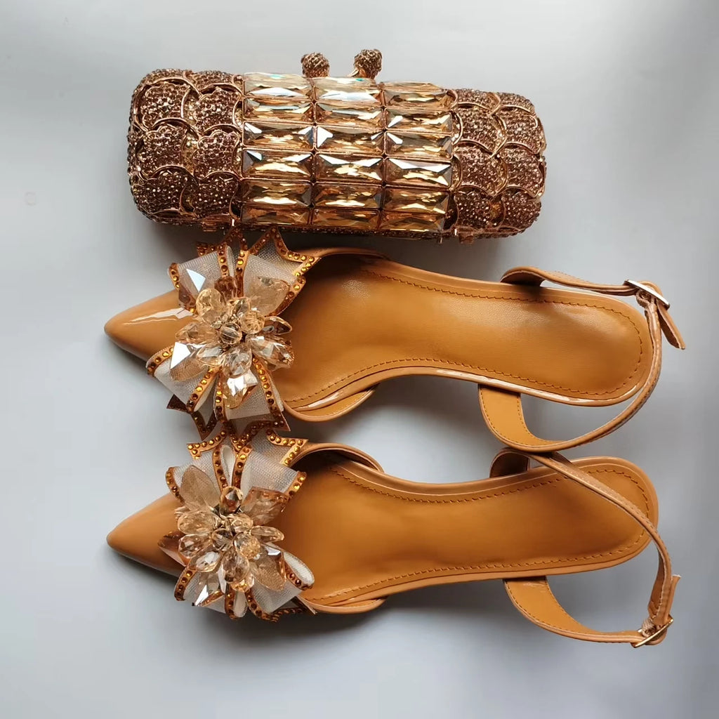 INSIGHTLINK Lady Gold Color High Heels Shoes And Bag With Rhinestones High Heeled Sandals And Purse Women's Shoes For Party Bags