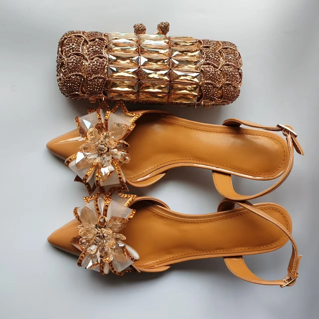 INSIGHTLINK Lady Gold Color High Heels Shoes And Bag With Rhinestones High Heeled Sandals And Purse Women's Shoes For Party Bags