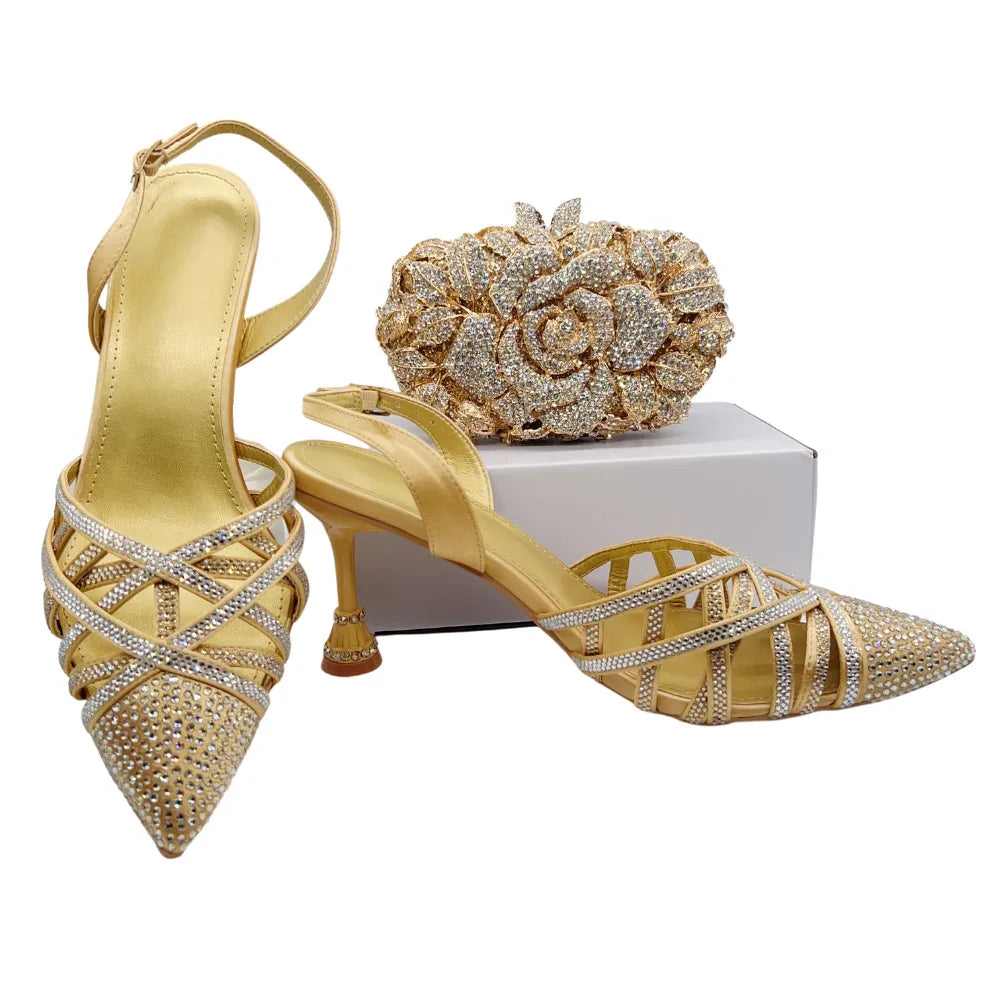 Insightlink Fashion Sandals Evening Bag Set Women Pointed Toe High Heels Shoes Rhinestone Cross Tied Design Sense Open Heel