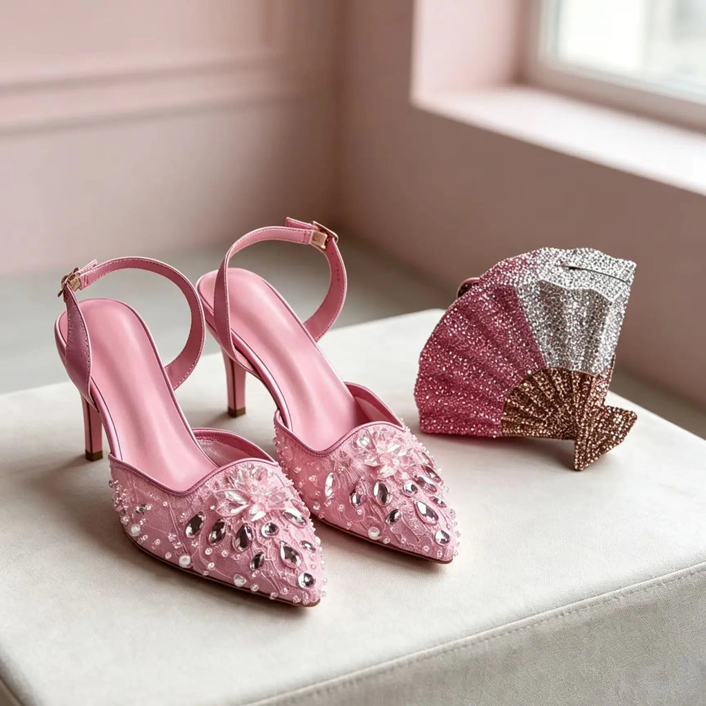 INSIGHTLINK Luxury Pink Lace Gem Embellished Heels Ombre Fan Crystal Clutch Bridal Banquet Elegant Matching Footwear Purse