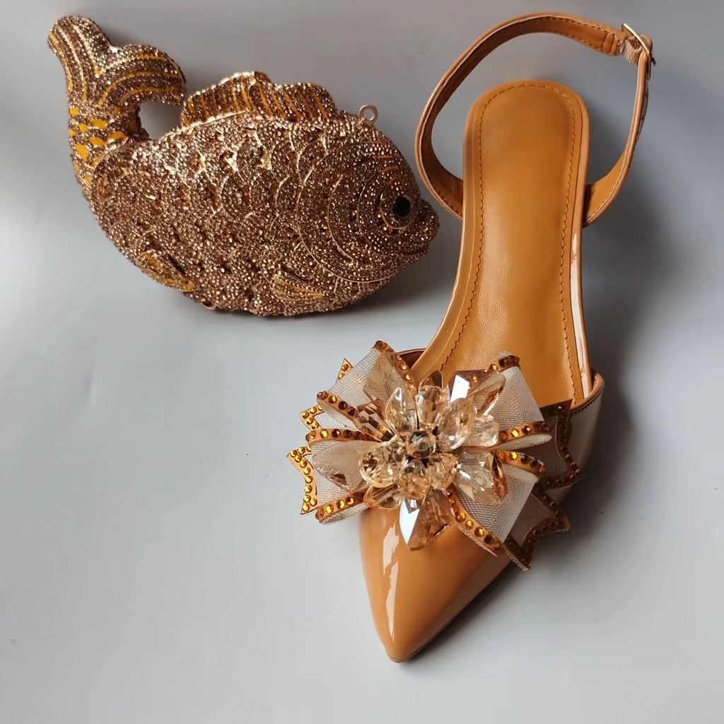 INSIGHTLINK Lady Gold Color High Heels Shoes And Bag With Rhinestones High Heeled Sandals And Purse Women's Shoes For Party Bags