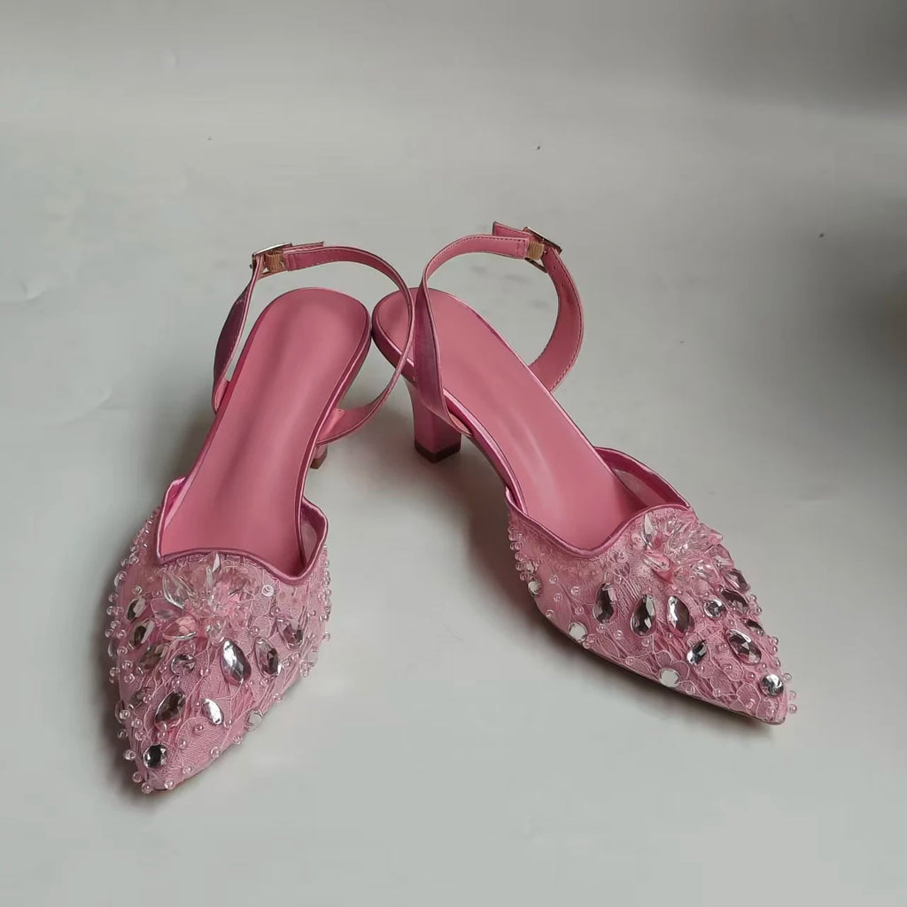 INSIGHTLINK Luxury Pink Lace Gem Embellished Heels Ombre Fan Crystal Clutch Bridal Banquet Elegant Matching Footwear Purse