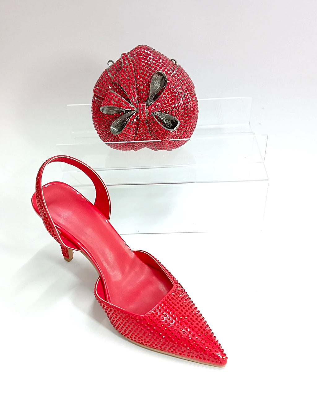INSIGHTLINK Red Color Party Shoes and Bags Nigerian Women’s Suit Medium Heel Pointed Toe Women’s Shoes Rhinestones Sandals Red